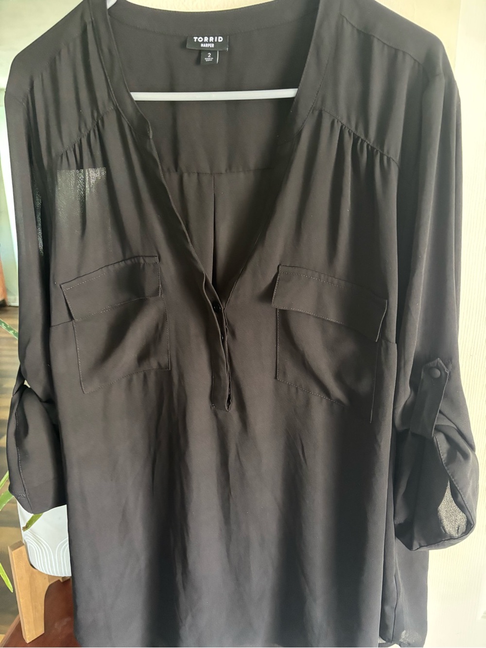torrid Black V-Neck Utility Tunic with Roll-Tab Sleeves